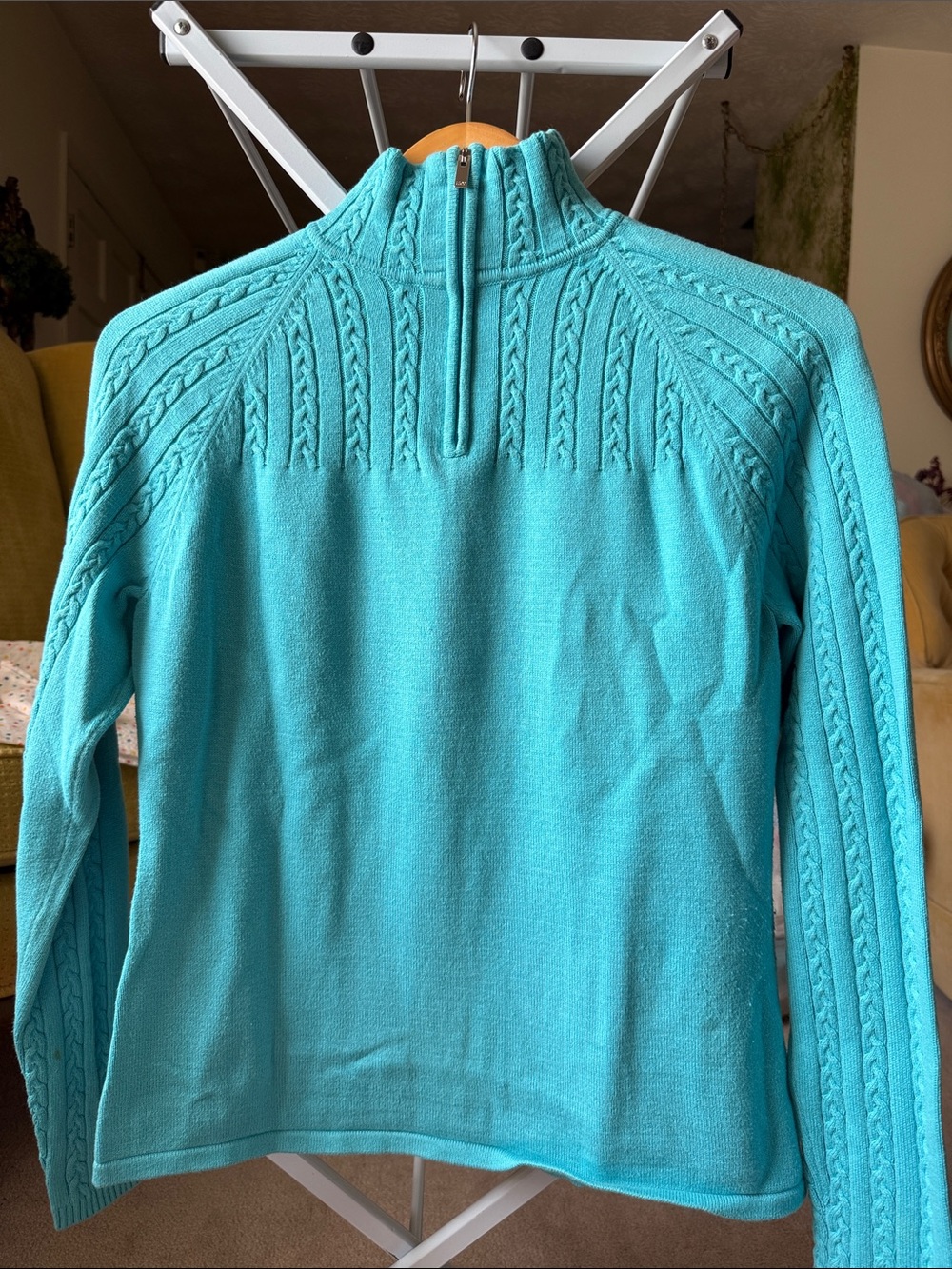 Women's Teal Cable Knit Half-Zip Sweater